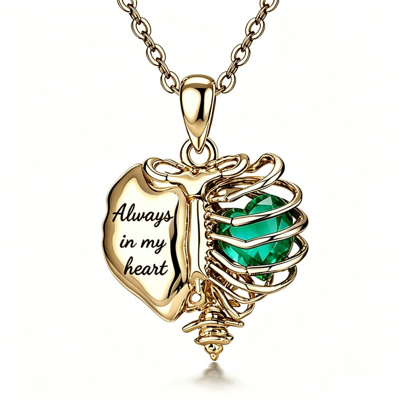 14K Gold Plated  Heart Birthstone Skeleton Necklace With Engraved