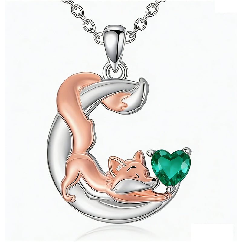 Sterling Silver 12 Month Birthstone Fox Pendant Necklace for Women