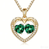 14K Gold Plated Double Heart Birthstone Necklace Anniversary Birthday Gifts for Women