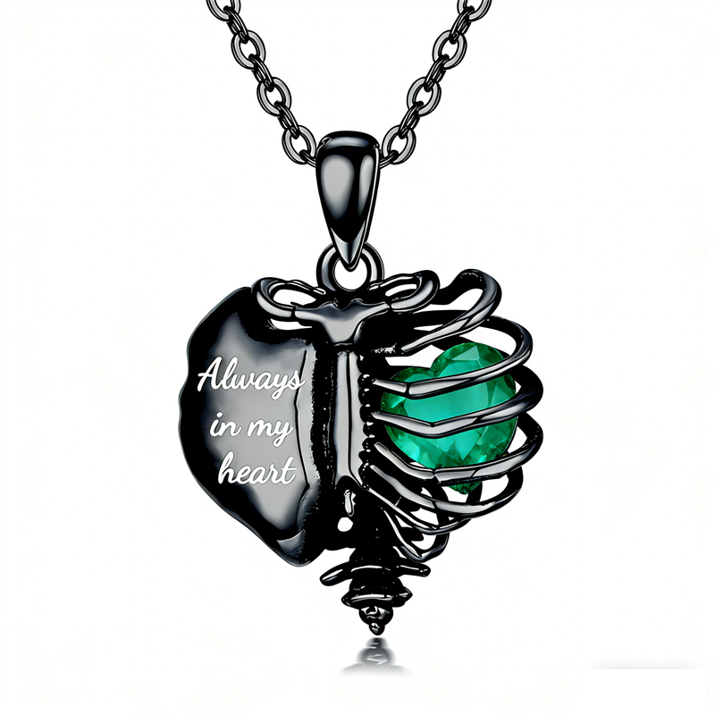 Sterling Silver Black Heart Skeleton Necklace With Engraved