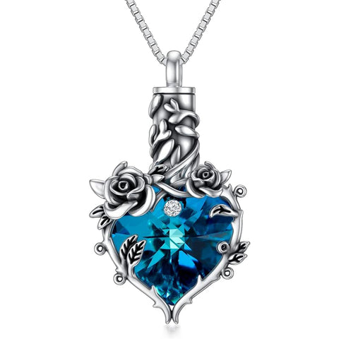 Sterling Silver Heart Crystal Rose Flower Urn Necklace for Ashes Cremation Jewelry
