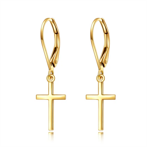 14K Solid Gold Cross Dangle Drop Leverback Earrings Jewelry for Women