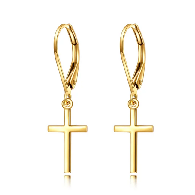 14k Solid Gold Cross Dangle Drop Leverback Earrings Jewelry for Women