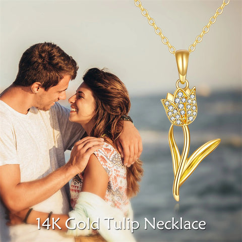 Solid 14K Real Gold Tulip Necklace for Women, Gold Tulip Flower Pendant Necklace Fine Jewelry Birthday Christmas Gifts for Her, 16+2 Inch