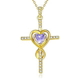 14K Gold Plated Dainty Heart Birthstone Pendant Cross Necklace for Women Religious Gift