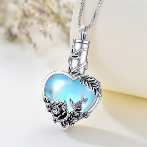 Sterling Silver Heart Shaped Moonstone Rose & Heart Urn Necklace for Ashes