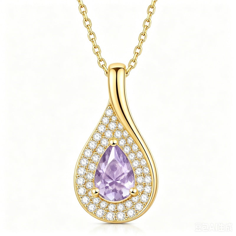 14K Gold  Plated 1CT Pear Teardrop Birthstone Pendant Necklace for Women