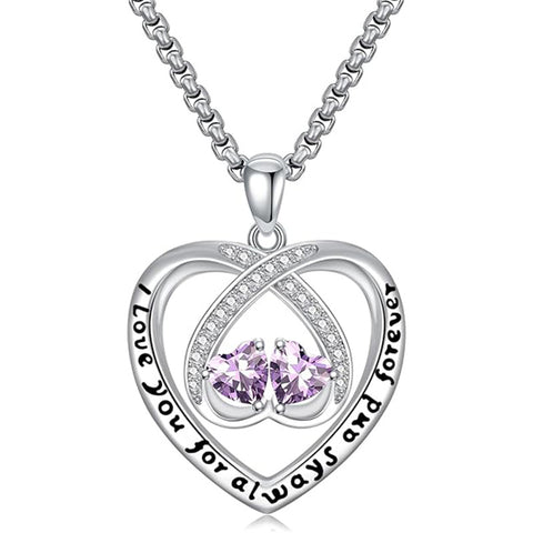 Sterling Silver Double Heart Birthstone Pendant Necklace Engraved with I Love You for Always and Forever