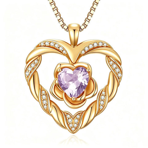 14K Gold Plated  Birthstone Rose Flower Heart Necklaces for Women  Birthday Christams Valentine's Day Jewelry Gift
