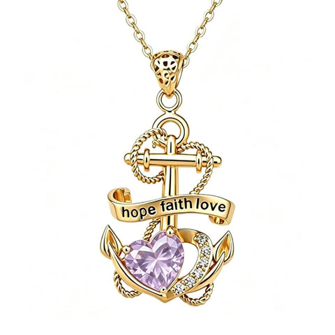 14K Gold Plated Heart Birthstone Anchor Necklace Engraved with Hope Faith Love
