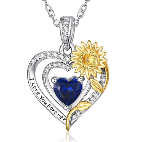Sterling Silver Heart Birthstone Sunflower Pendant Necklace Engraved with I Love You Forever