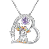 Sterling Silver Round Heart Birthstone Highland Cow Pendant Necklace Fluffy Cow Jewelry Gifts Birthday Christmas