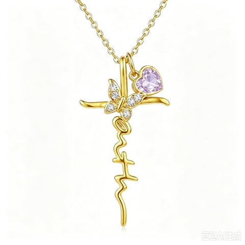 14K Gold Plated  Birthstone  Cross Butterfly Necklace for Women