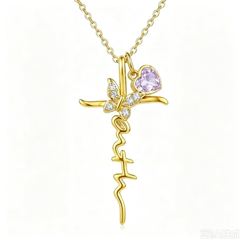 14K Gold Plated  Birthstone  Cross Butterfly Necklace for Women