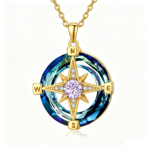 14K Gold Plated Crystal Compass Pendant Necklace Graduation Jewelry Inspirational Travel Valentine's Day Gift