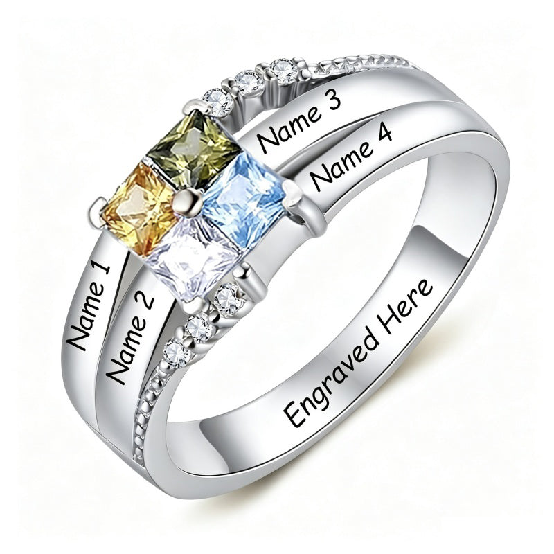 10K 14K 18K Gold Square Shaped Personalized 1-5 Birthstone  Family Mother's Ring Anniversary Ring for Women