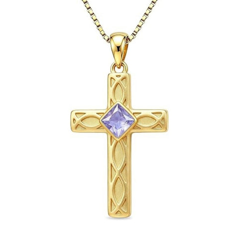 14K Gold Plated Birthstone Cross Pendant Necklace for Women  Anniversary Christmas Birthday Gift