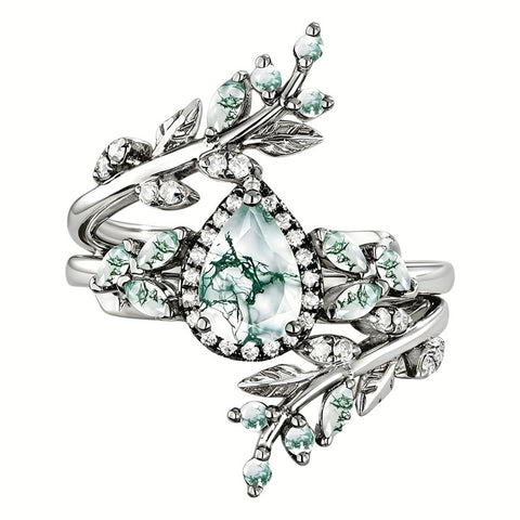 Sterling Silver 10K 14K 18K Gold 2CT Moss Agate Vine Leaf Women's Bridal Ring Sets for Wedding Engagement