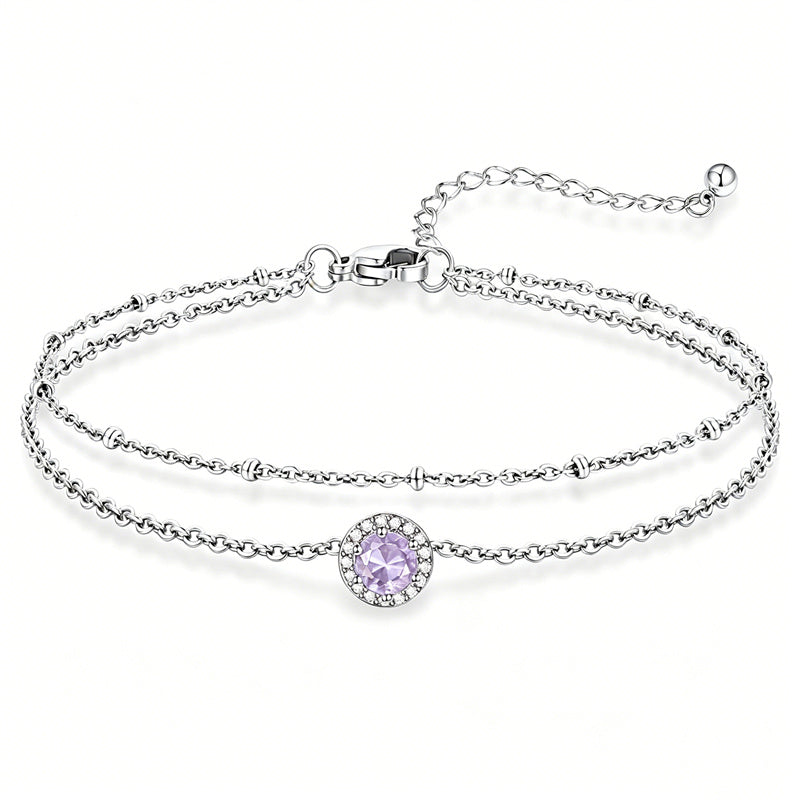 Sterling Silver Birthstone Double Layer Anklet for Beach Weddings, Summer Vacations & Pool Parties