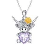 14K Gold Heart Birthstone Highland Cow Pendant Necklace