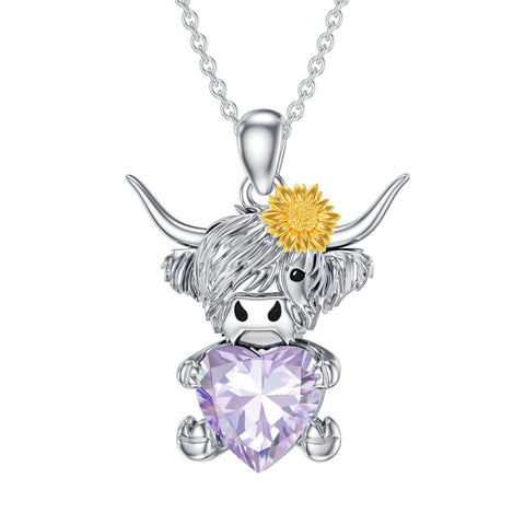 14K Gold Heart Birthstone Highland Cow Pendant Necklace
