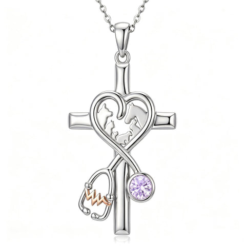 14K Gold Plated  Birthstone Stethoscope Cross Necklace Graduation Gifts for Women RN