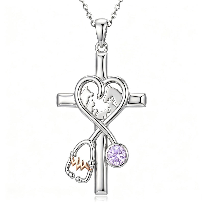 14K Gold Plated  Birthstone Stethoscope Cross Necklace Graduation Gifts for Women RN