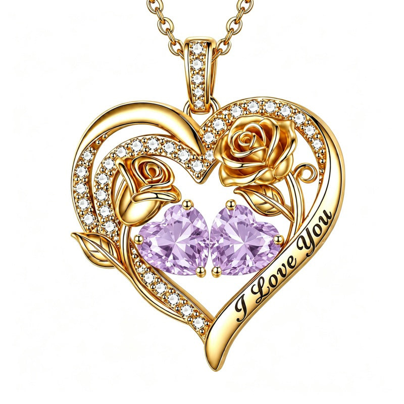 14K Gold Plated Double Heart Birthstone Rose Pendant Necklace for Women