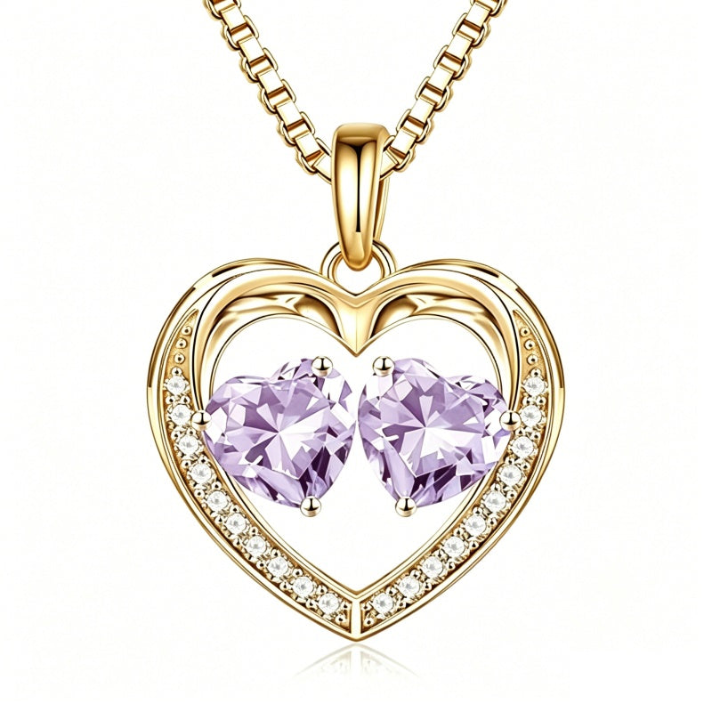 14K Gold Plated Double Heart Birthstone Necklace Anniversary Birthday Gifts for Women