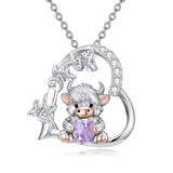 Sterling Silver Highland Cow Pendant Necklace Birthstone Necklace Gift for Women