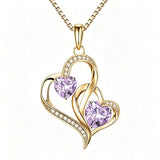 14K Gold Plated Double Heart Birthstone Necklace Anniversary Birthday Gifts