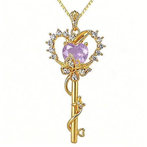 Birthstone Infinity Heart 14K Gold Plated Butterfly Key Pendant Necklace Gift for Her