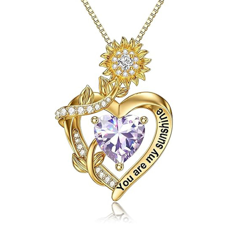10K 14K 18K Gold  12 Months Birthstones Sunflower Pendant Necklace Engraved with You are My Sunshine