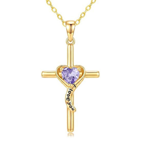 14K Gold Plated Dainty Heart Birthstone Pendant Cross Necklace for Women Religious Gift