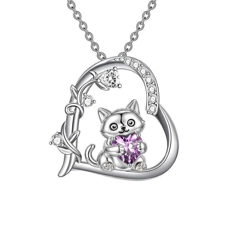 Sterling Silver Birthstone  Cat Pendant Necklace for Women