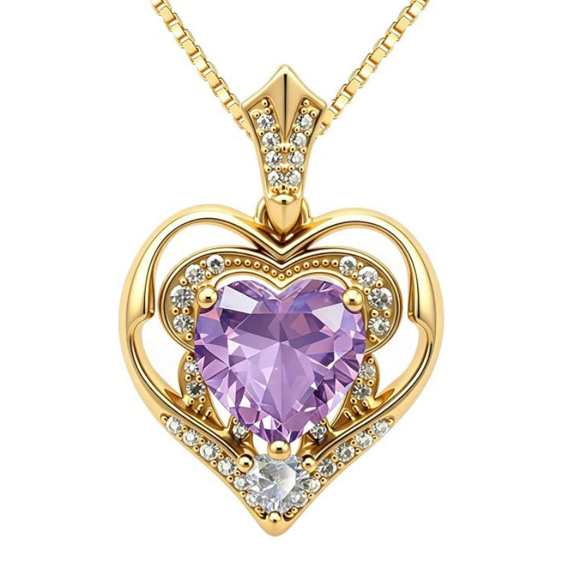 14K Gold Plated Birthstone Double Heart Pendant Necklace Love Jewelry Anniversary Birthday Mother's Day Valentine's Day Gift