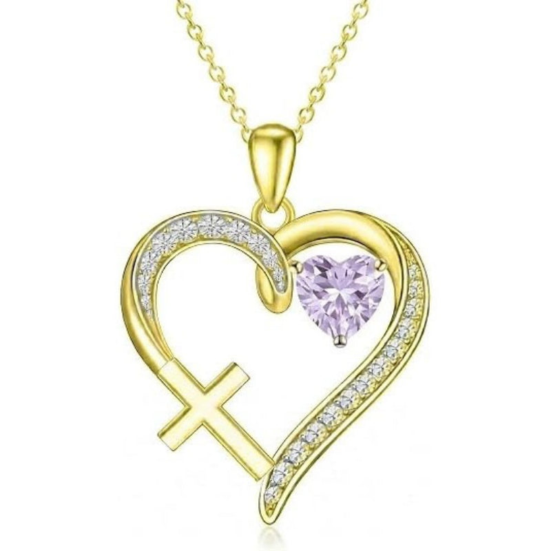 14K Gold  Plated 12 Months Birthstone  Heart Cross Pendant Necklace  for Women