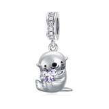 Sterling Silver Birthstone Otter Bead Charm for  Otter Lovers