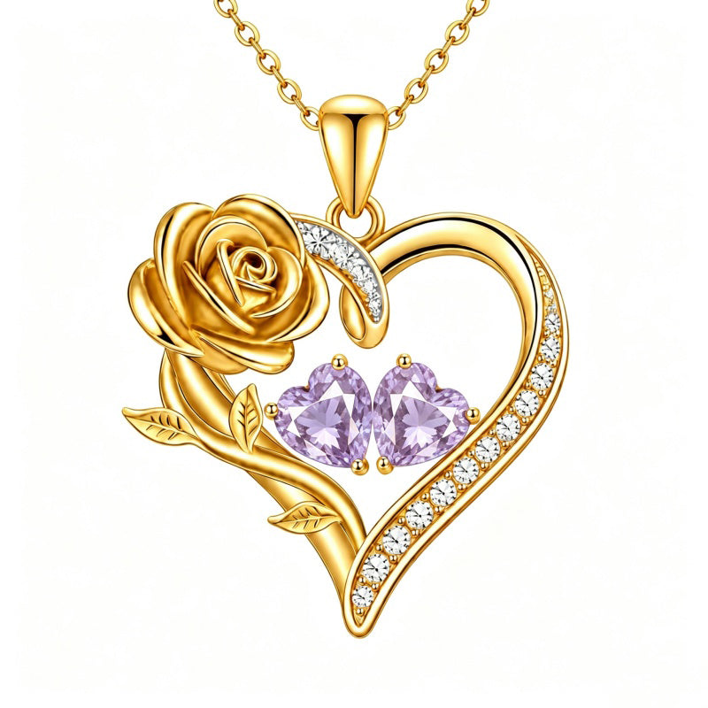 14K Gold Plated Double Heart Birthstone Rose Pendant Necklace for Women