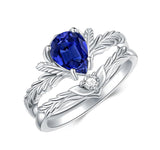 Sterling Silver Pear Cut Vine Leaf Gemstone Engagement Rings Set for Women