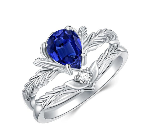 Sterling Silver Pear Cut Vine Leaf Gemstone Engagement Rings Set for Women