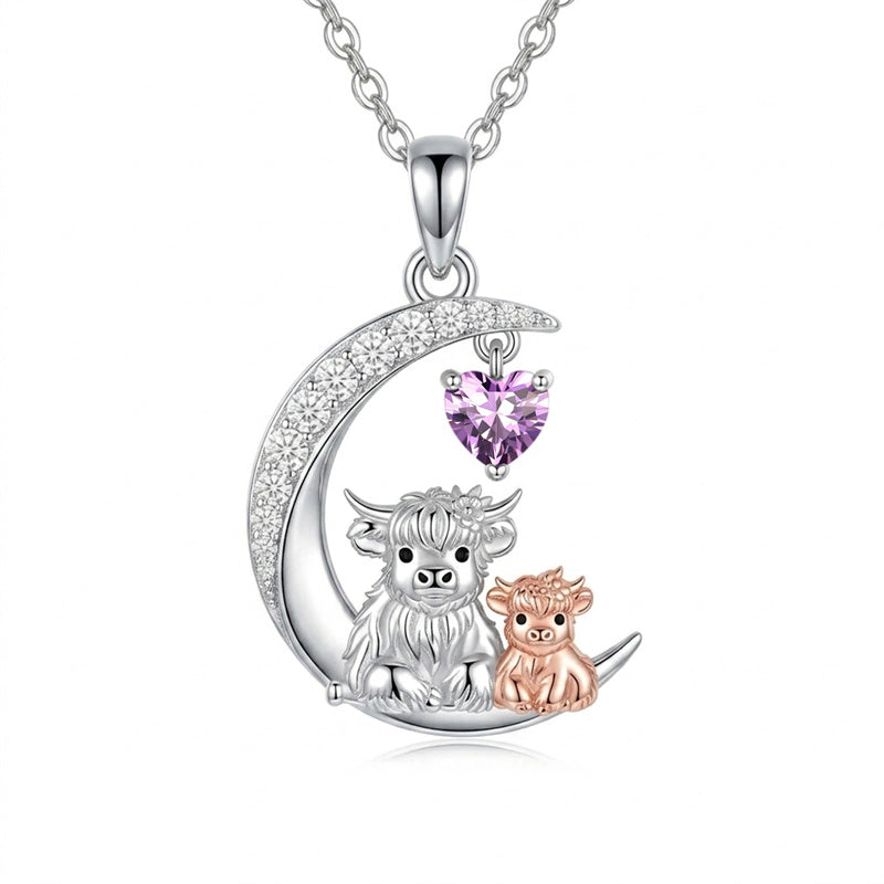 Sterling Silver Round Heart Birthstone Highland Cow Pendant Necklace Fluffy Cow Jewelry Gifts Birthday Christmas