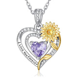 Sterling Silver Heart Birthstone Sunflower Pendant Necklace Engraved with I Love You Forever