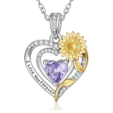 Sterling Silver Heart Birthstone Sunflower Pendant Necklace Engraved with I Love You Forever