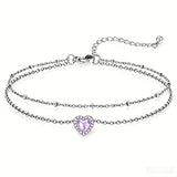 Sterling Silver Birthstone Double Layer Anklet for Beach Weddings, Summer Vacations & Pool Parties