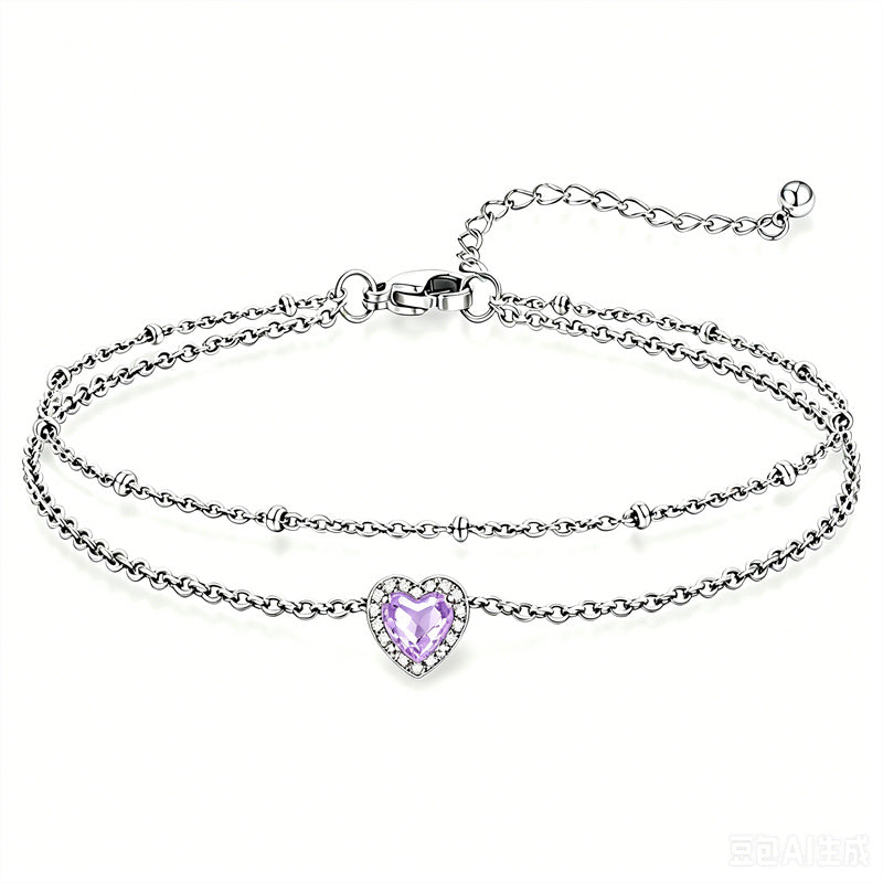 Sterling Silver Birthstone Double Layer Anklet for Beach Weddings, Summer Vacations & Pool Parties