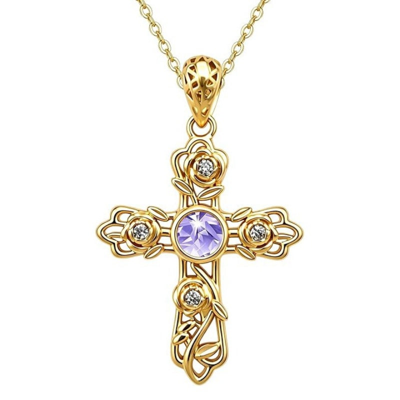 14K Gold Plated Round Cubic Zirconia Filigree Rose Cross Necklace for Women