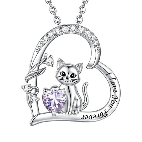 Sterling Silver Birthstone Cat Pendant Necklace Jewelry Christmas Birthday Gifts for Women