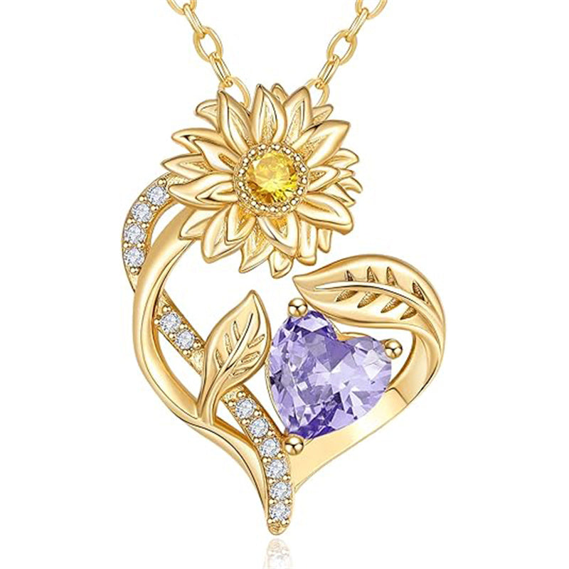 Sterling Sliver Birthstone Love Heart & Sunflower Pendant Necklace Engraved With You Are My Sunshine