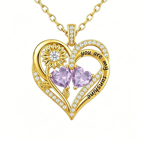 Double Birthstone Necklace 14K Gold Plated You Are My Sunshine Sunflower Necklace Heart Pendant Necklace